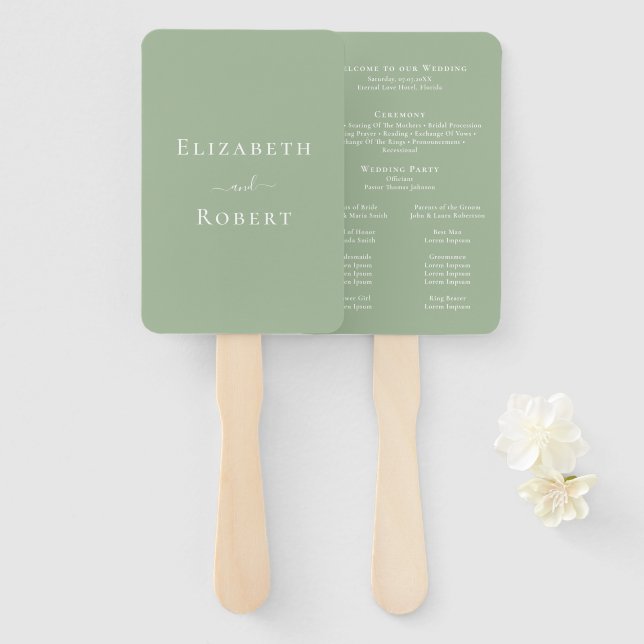 Éventail Programme de mariage vert sauge minimaliste modern (Devant et derrière)