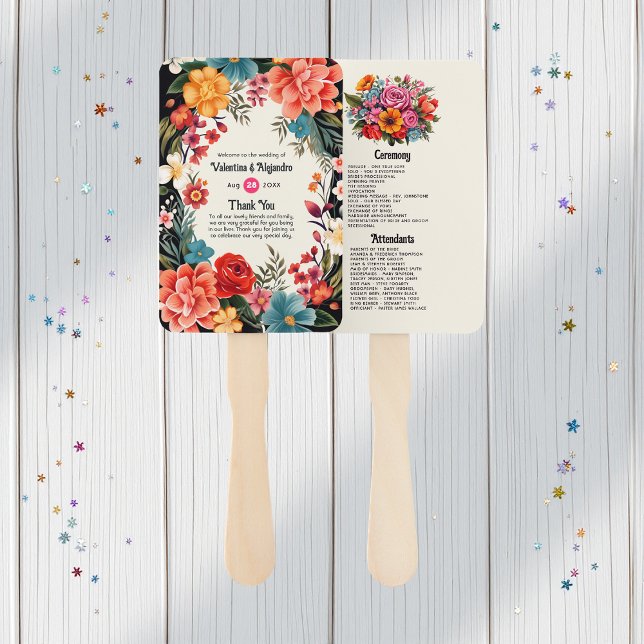 Éventail Programme de mariage Vibrante Fiesta Florale à l'a (Vibrant Watercolor Floral Fiesta Wedding Program Hand Fan)