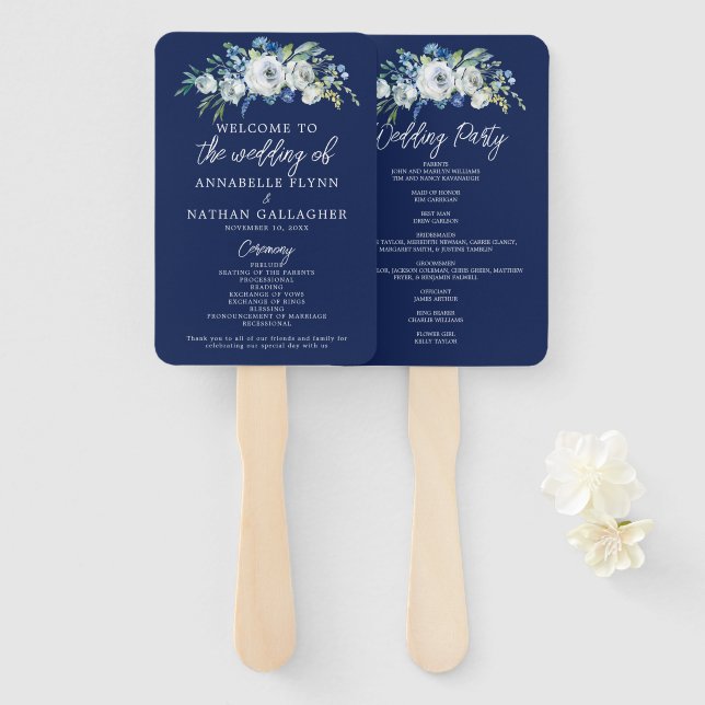 Éventail Programme de mariages d'hiver moderne Floral bleu  (Devant et derrière)