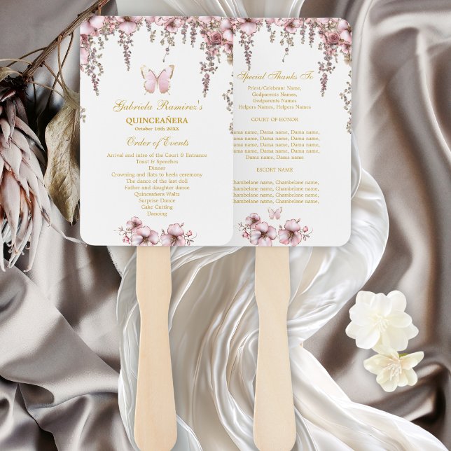 Éventail Programme de Quinceañera Papillon Doré Rose Carmin (Créateur téléchargé)