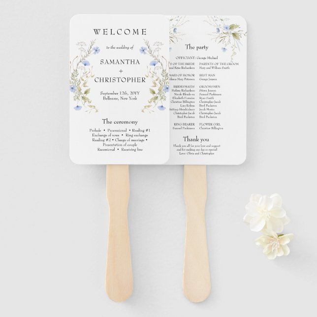 Éventail Programme de trame de couronne Fleur sauvage bleu  (Devant et derrière)