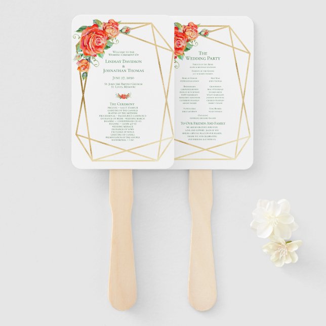 Éventail Programme de ventilateur à main de mariage aux ros (Devant et derrière)