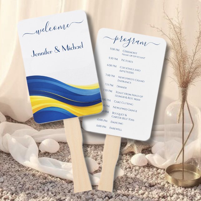 Éventail Programme de ventilateur de mariage bleu cobalt et (Cobalt Blue & Lemon Yellow Wedding Fan Program)