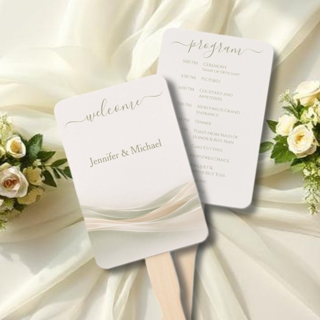 Éventail Programme de ventilateur de mariage en vert sauge  (Sage Green Ivory Wedding Fan Program)