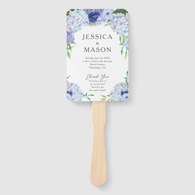 Éventail Programme de ventilateur Mariage Blue Hydrangea (Devant)