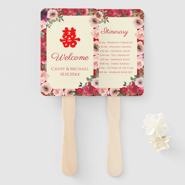 Éventail Programme double bonheur de jardin mariage chinois (Devant et derrière)