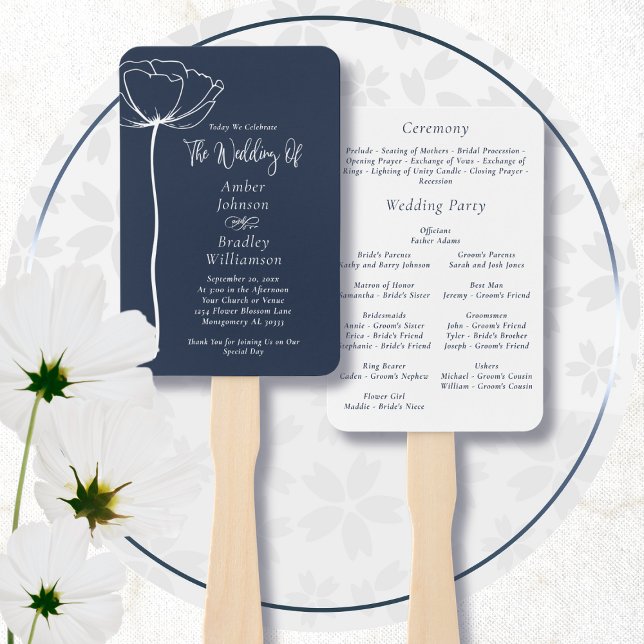 Éventail Programme floral minimal simple bleu marine blanc (Créateur téléchargé)