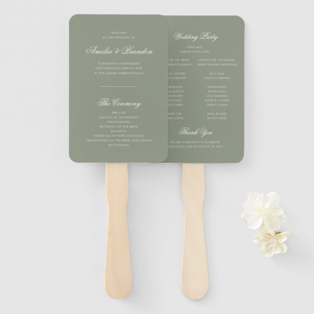 Éventail Programme Formal Sage Green & White Script Wedding (Devant et derrière)