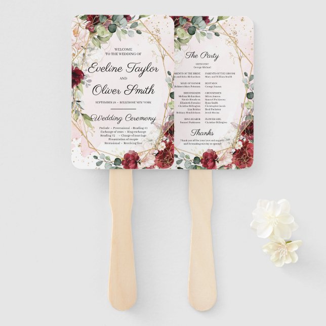 Éventail Programme géométrique floral bordeaux roux (Devant et derrière)