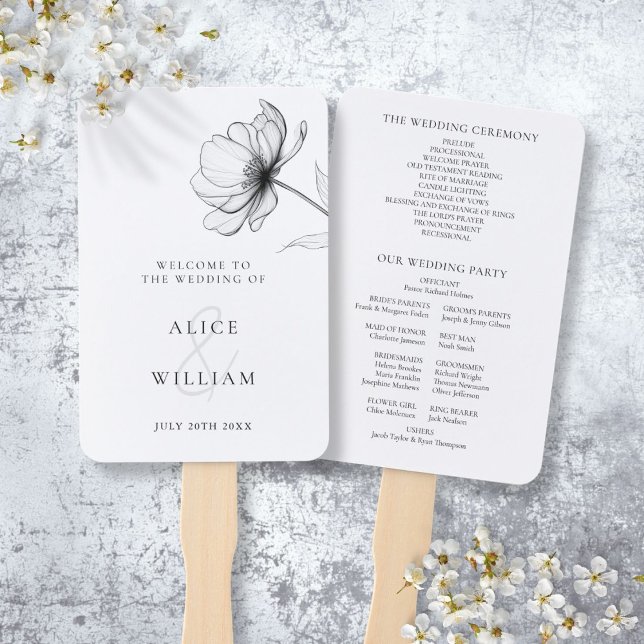 Éventail Programme minimaliste Élégant de Mariage Floral (Minimalist Elegant Floral Wedding Program Hand Fan)
