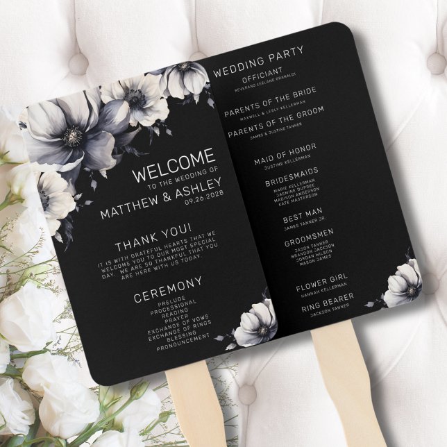 Éventail Programme moderne de cérémonie de Mariage noir flo (Ceremony Program Modern Floral Black White Wedding Hand Fan)