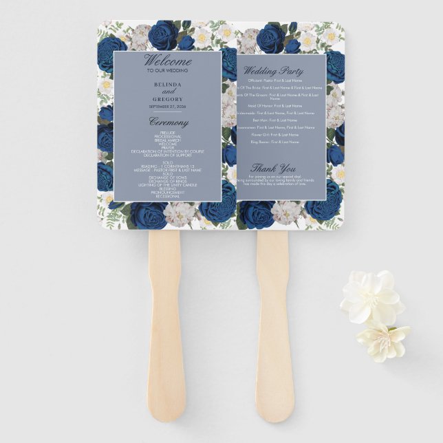 Éventail Programme moderne de mariage à l'aquarelle bleu fl (Devant et derrière)