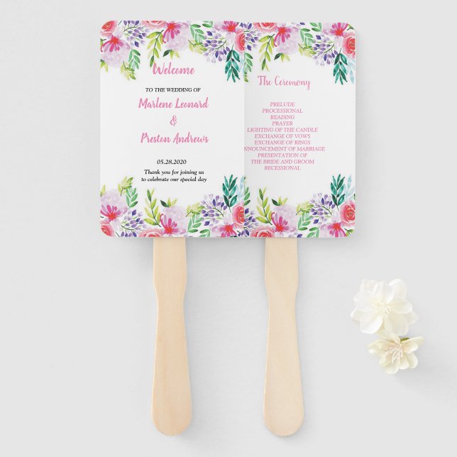 Éventail Programme moderne de mariage floral à l'aquarelle (Devant et derrière)