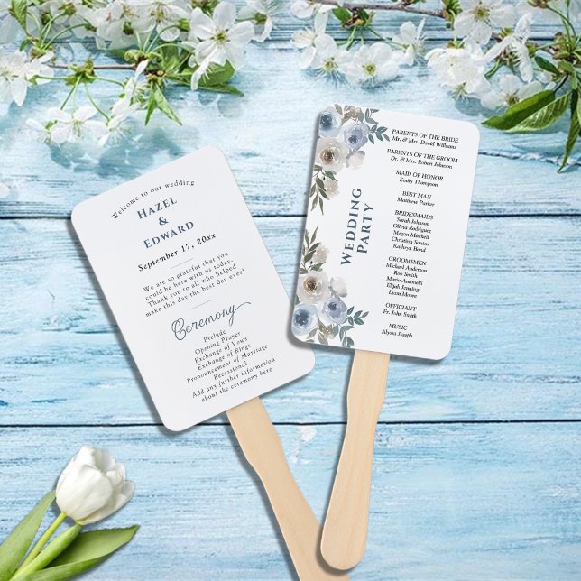 Éventail Programme moderne de mariage floral bleu Dusty (Modern Dusty Blue Floral Wedding Program Hand Fan)