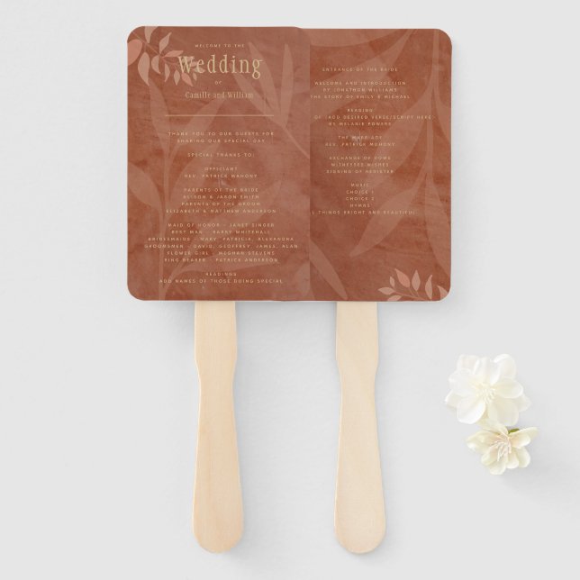 Éventail Programme Moderne de Mariage Terracotta Or Automne (Devant et derrière)