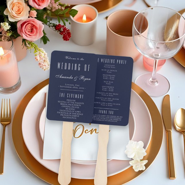 Éventail Programme simple de mariage bleu marine moderne (Créateur téléchargé)