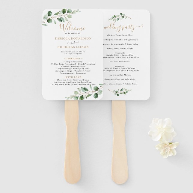 Éventail Programme simple Eucalyptus Greenery Gold Wedding (Devant et derrière)
