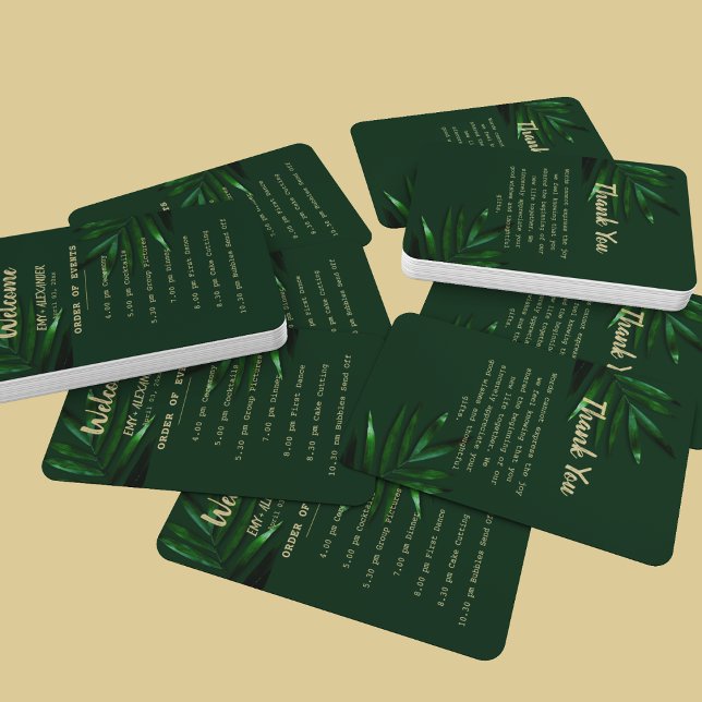 Éventail Programme vert d'or riche (Hand fan with wedding event details along with a thank you note)