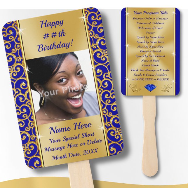 Éventail Programmes de fête d'anniversaire personnalisés po (Personalized, Birthday Party Programs for Adults. Royal blue and gold, birthday party hand fans. )