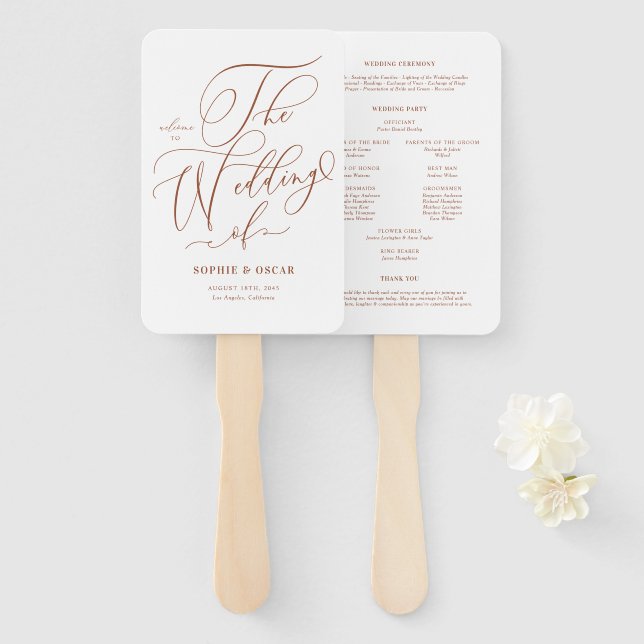 Éventail Programmes de mariage à calligraphie fantaisiste e (Devant et derrière)