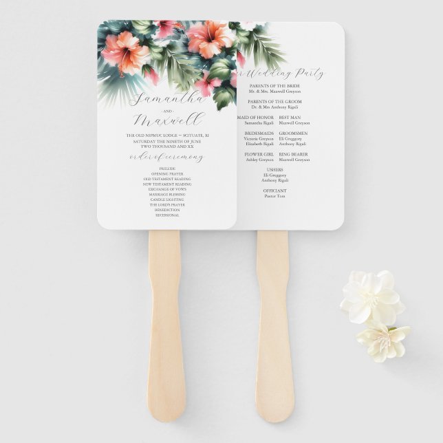 Éventail Programmes de mariage à l'aquarelle Hibiscus Tropi (Devant et derrière)