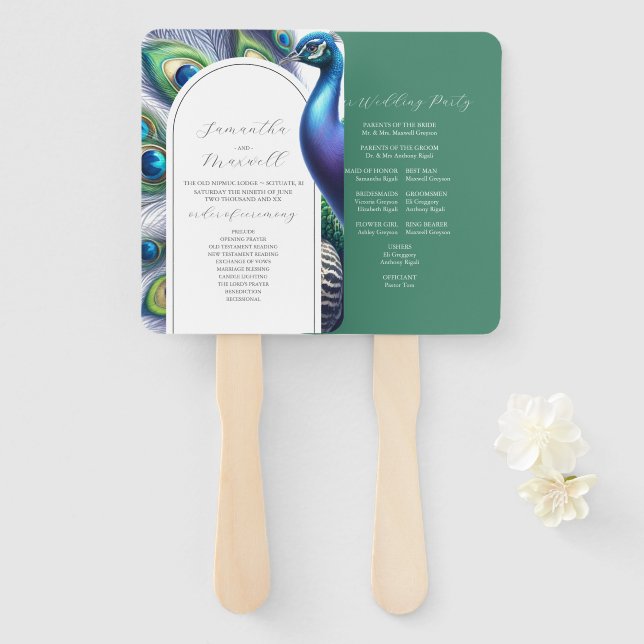 Éventail Programmes de mariage à l'aquarelle Paon (Devant et derrière)