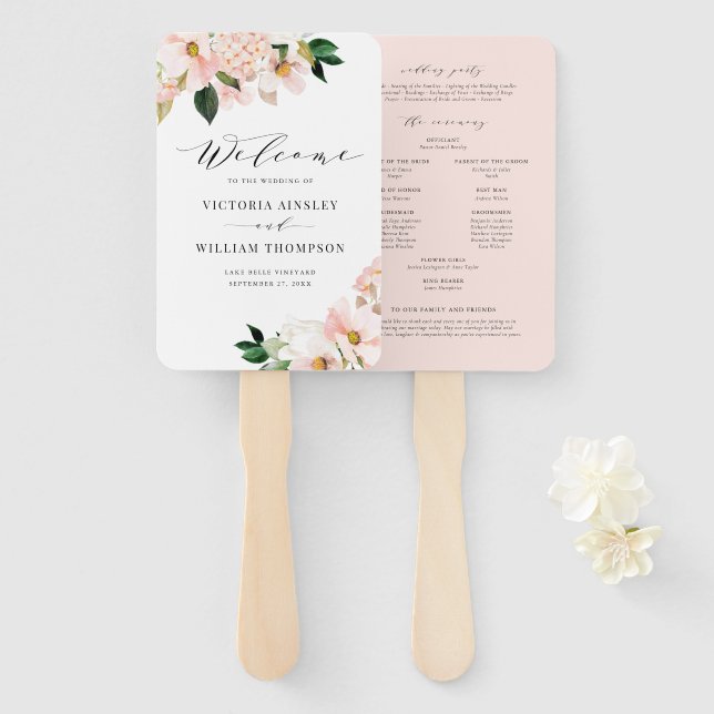 Éventail Programmes de mariage aux Magnolias Rose et Hydran (Devant et derrière)