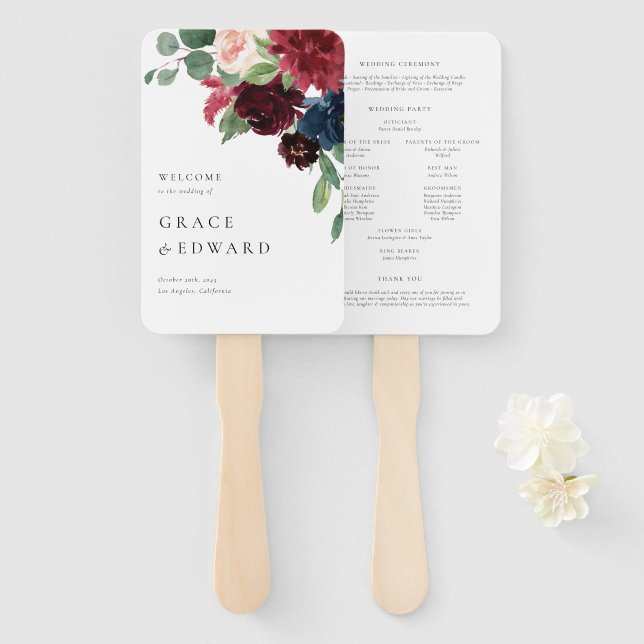 Éventail Programmes de mariage Fleurs Bourgogne et Bleu Nui (Devant et derrière)