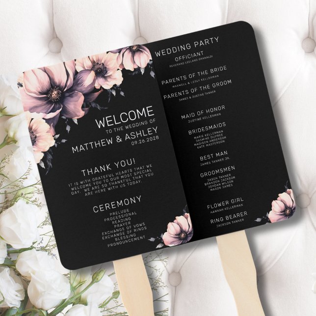 Éventail Programmes de mariage floraux roses modernes uniqu (Unique Modern Boho Floral Black Pink Wedding Hand Fan)