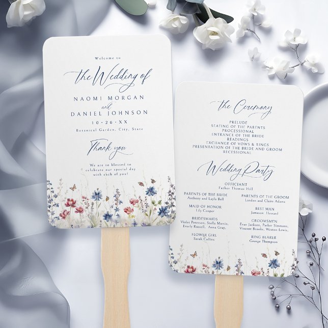 Éventail Programmes de mariage rustiques à fleurs sauvages  (Navy Blue Wildflower Rustic Wedding Programs Hand Fan)