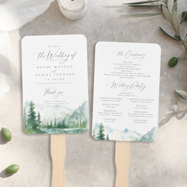 Éventail Programmes de mariage rustiques de la forêt de la  (Sage Mountain Forest Rustic Wedding Programs Hand Fan)