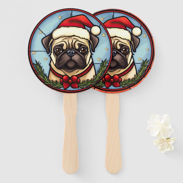 Éventail Pug Vitrail de Noël (Devant et derrière)