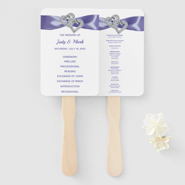 Éventail Purple Blue Diamond Hearts Programme de mariage Fa (Devant et derrière)