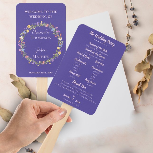 Éventail Purple Blush Fleur sauvage Floral Wedding Programm (Purple Blush Wildflowers Floral Wedding Program Hand Fan)