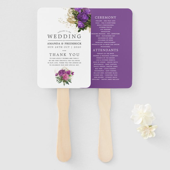 Éventail Purple et Gold Vintage Chic Wedding Programme (Devant et derrière)
