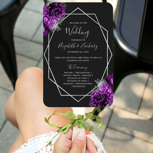Éventail Purple Floral Silver Geo Black Wedding Programme (Créateur téléchargé)