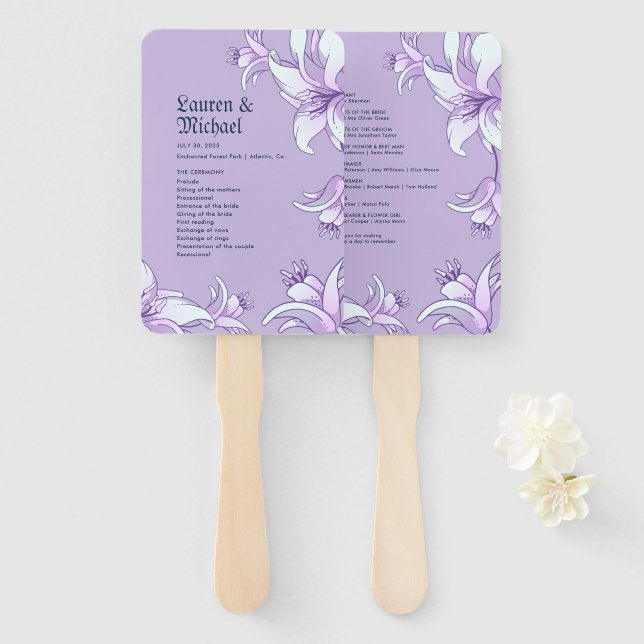 Éventail Purple Lily Floral Programme de mariage printanier (Devant et derrière)