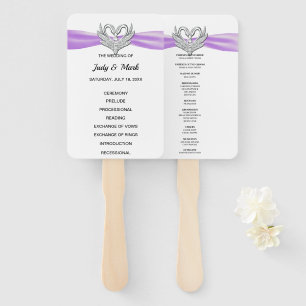 Éventail Purple Ribbon Silver Swan Wedding Programme Fans