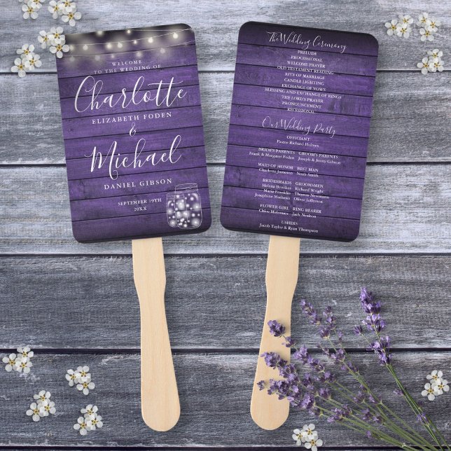 Éventail Purple Rustic Bois Chaîne Lumière Programme de mar (Purple Rustic Wood String Lights Wedding Program Hand Fan)