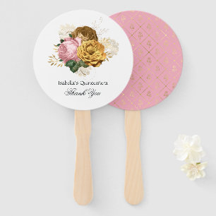 Éventail Quinceañera vintage rose et or florale