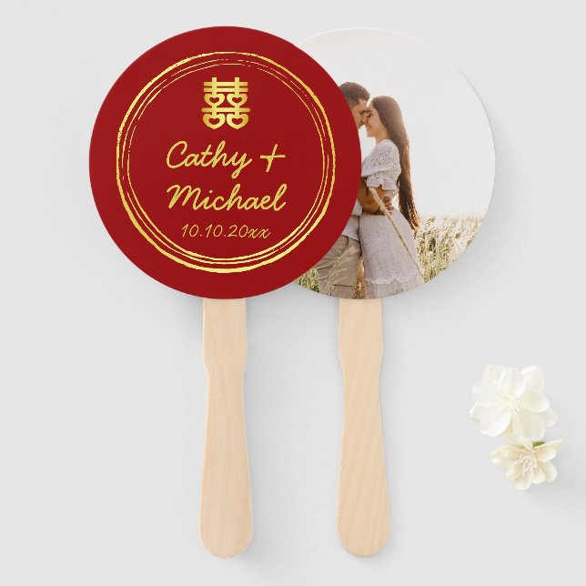 Éventail Red Couple photo mariage chinois double bonheur (Devant et derrière)