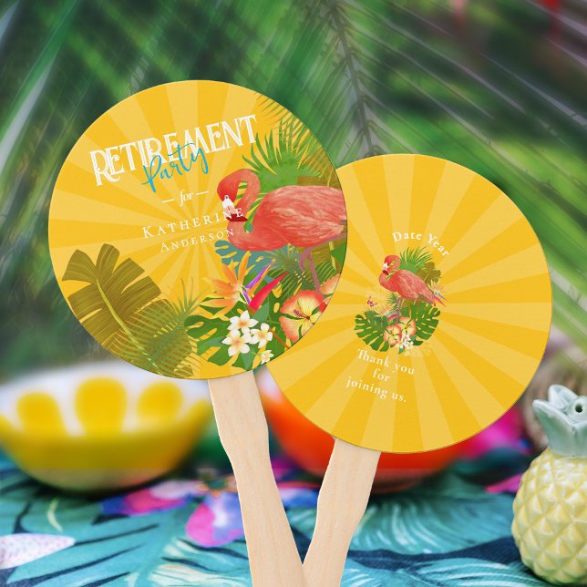Éventail Refroidisseur Jaune Orange de Retraite Flamant Ros (Flamingo Retirement Yellow Orange Cooler Hand Fan)