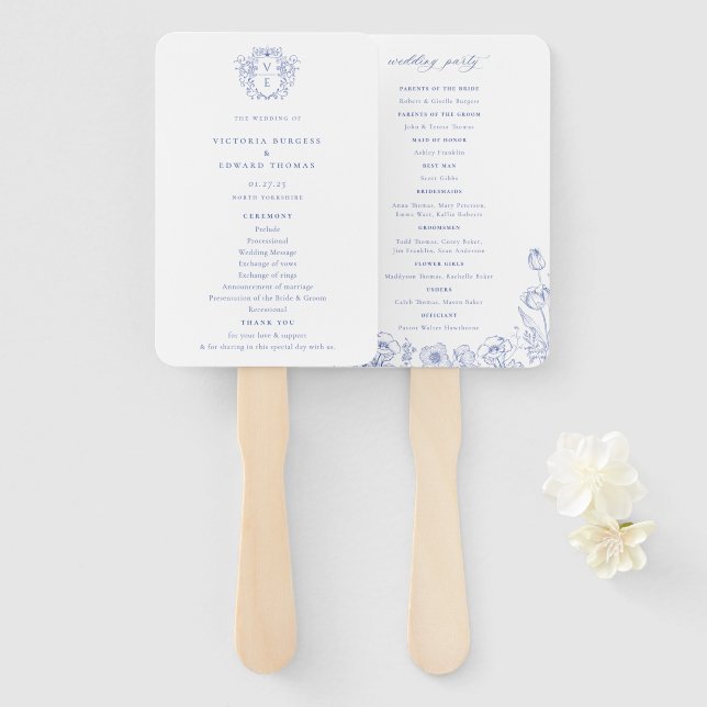 Éventail Regency Blue Crest Monogramme Programme de mariage (Devant et derrière)