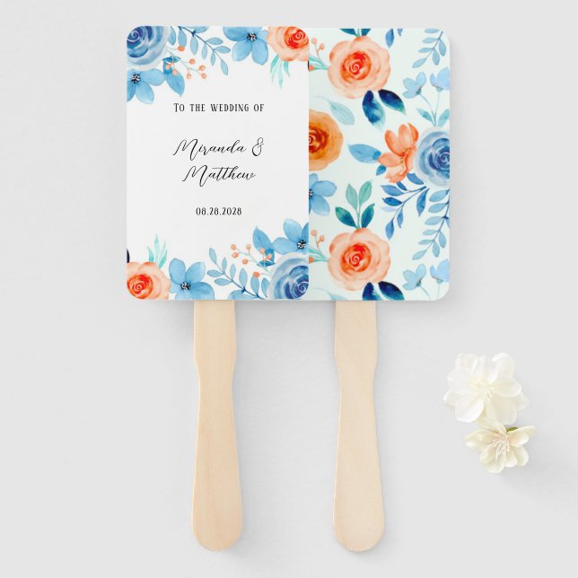 Éventail Ressort Aquarelle Bleu Orange Floral Mariage (Devant et derrière)