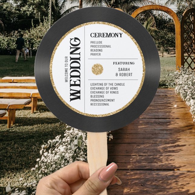 Éventail Retro Gold Parties scintillant Vinyl Record Weddin (Retro Gold Glitter Vinyl Record Wedding Program Hand Fan
)