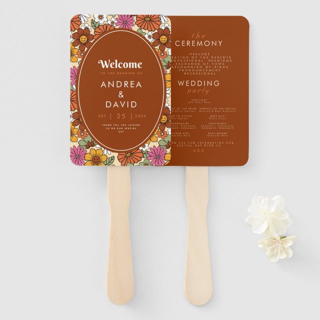 Éventail Rétro Groovy Hippie Marguerite Floral Terracotta A (Devant et derrière)