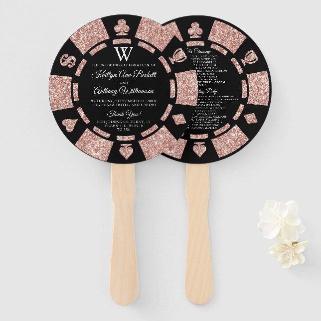 Éventail Rose Gold Monogram Poker Chip Casino Mariage (Devant et derrière)