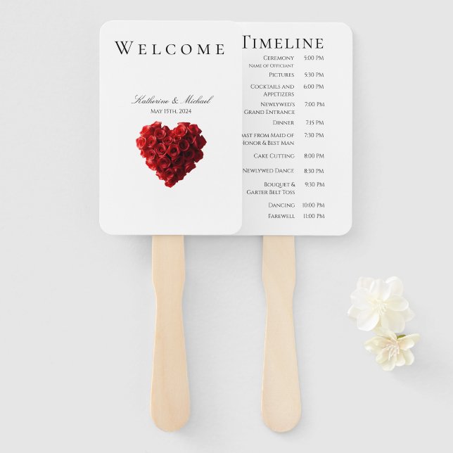 Éventail Roses Rouges en forme de cœur-Mariage- (Devant et derrière)