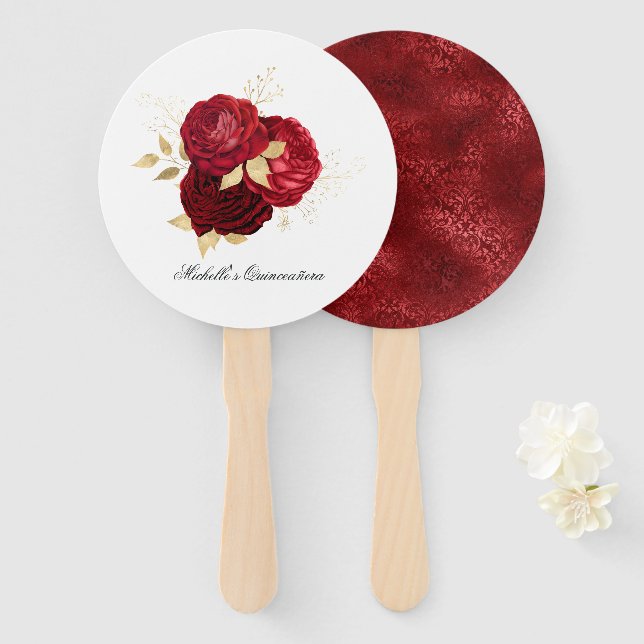Éventail Roses Vintage Rouge et Or (Devant et derrière)
