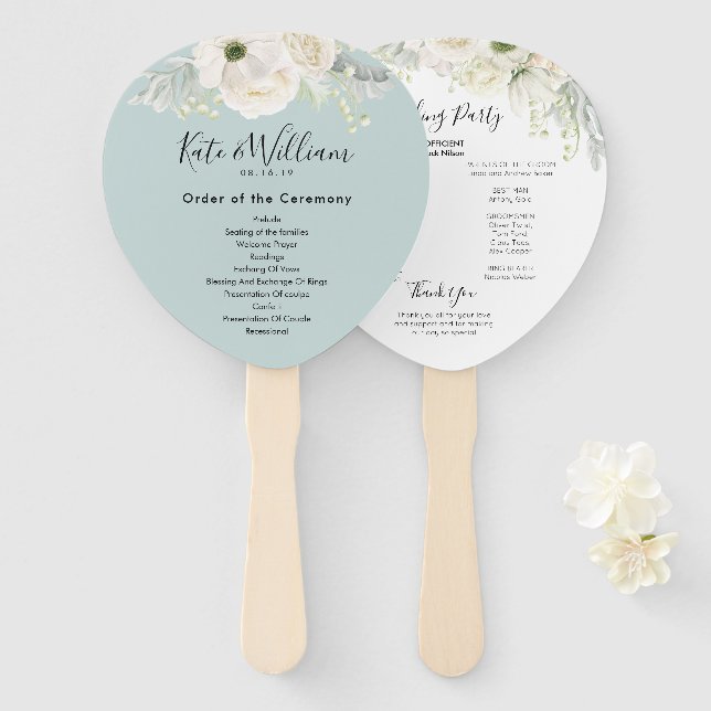 Éventail Roses vintages d'anémones blancs (Devant et derrière)